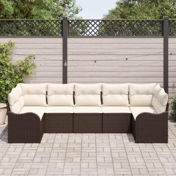 7-teiliges Garten-Sofa-Set mit Kissen Braun Poly Rattan, 2-Sitzer Garten-Sofa mit Kissen Braun Poly Rattan