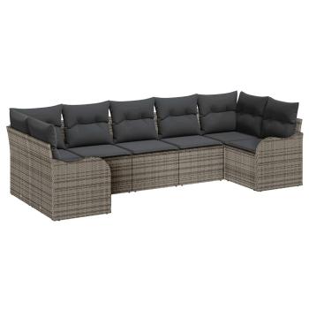 7-teiliges Garten-Sofa Set mit Kissen Grau Poly Rattan, 2-Sitzer Garten-Sofa mit Kissen Grau Poly Rattan
