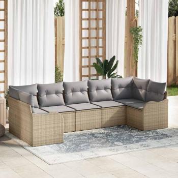 ARDEBO.de - 7-teiliges Garten Sofa Set mit Kissen Beige Poly Rattan, 2-Sitzer Garten Sofa mit Kissen Beige Poly Rattan