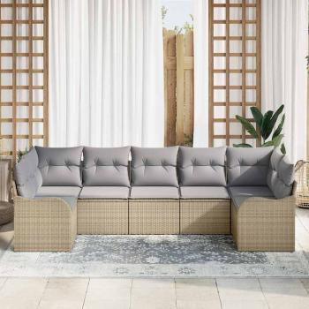 7-teiliges Garten Sofa Set mit Kissen Beige Poly Rattan, 2-Sitzer Garten Sofa mit Kissen Beige Poly Rattan