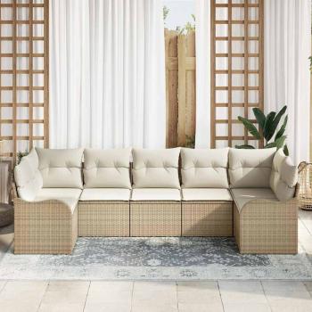 7-teiliges Garten Sofa Set mit Kissen Beige Poly Rattan, 2-Sitzer Garten Sofa mit Kissen Beige Poly Rattan