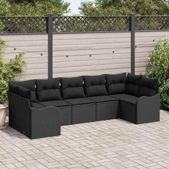7-teilige Garten-Sofa-Gruppe mit Kissen Schwarz Poly-Rattan, 2-Sitzer Garten-Sofa mit Kissen Schwarz Poly-Rattan
