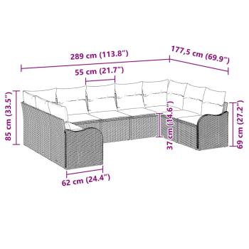 9-teiliges Garten Sofa Set mit Kissen Grau Poly Rattan, 2-Sitzer Garten Sofa mit Kissen Grau Poly Rattan