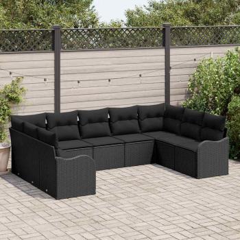ARDEBO.de - 9-teiliges Garten Sofa Set mit Kissen Schwarz Poly Rattan, 2-Sitzer Garten Sofa mit Kissen Schwarz Poly Rattan