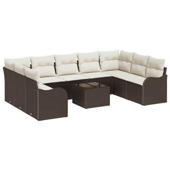 9-teiliges Garten-Sofa-Set mit Kissen Grau Poly Rattan, 2-Sitzer Garten-Sofa mit Kissen Braun Poly Rattan