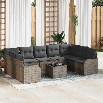 ARDEBO.de - 9-teiliges Garten-Sofa-Set mit Kissen Schwarz Poly Rattan, 2-Sitzer Garten-Sofa mit Kissen Grau Poly Rattan