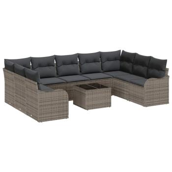 9-teiliges Garten-Sofa-Set mit Kissen Schwarz Poly Rattan, 2-Sitzer Garten-Sofa mit Kissen Grau Poly Rattan