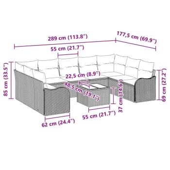9-teiliges Garten-Sofa-Set mit Kissen Schwarz Poly Rattan, 2-Sitzer Garten-Sofa mit Kissen Grau Poly Rattan