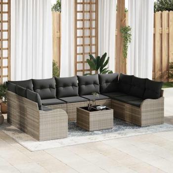 ARDEBO.de - 10-teiliges Garten-Sofa-Set mit Kissen Grau Poly Rattan, 2-Sitzer Garten-Sofa mit Kissen Hellgrau Poly Rattan
