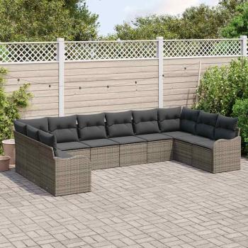 10-teiliges Garten Sofa Set mit Kissen Grau Poly Rattan, 2-Sitzer Garten Sofa mit Kissen Grau Poly Rattan