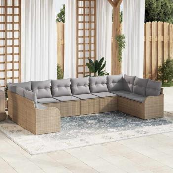 ARDEBO.de - 10-teiliges Garten Sofa Set mit Kissen Beige Poly Rattan, 2-Sitzer Garten Sofa mit Kissen Beige Poly Rattan