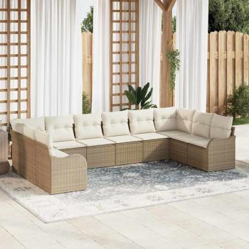 ARDEBO.de - 10-teiliges Garten-Sofa Set mit Kissen Beiger Poly-Rattan, 2-Sitzer Garten-Sofa mit Kissen Beiger Poly-Rattan