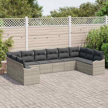 10-teiliges Garten Sofa Set mit Kissen Hellgrau Poly-Rattan, 2-Sitzer Garten Sofa mit Kissen Hellgrau Poly-Rattan