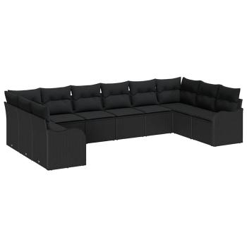 10-teiliges Garten-Sofa-Set mit Kissen Schwarz Poly Rattan, 2-Sitzer Garten-Sofa mit Kissen Schwarz Poly Rattan