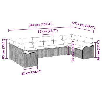 10-teiliges Garten-Sofa-Set mit Kissen Schwarz Poly Rattan, 2-Sitzer Garten-Sofa mit Kissen Schwarz Poly Rattan