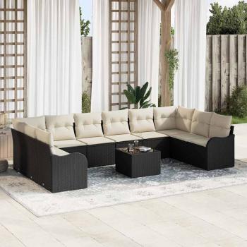 ARDEBO.de - 10-teiliges Garten-Sofa-Set mit Kissen Braun Poly-Rattan, 2-Sitzer Garten-Sofa mit Kissen Schwarz Poly-Rattan