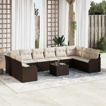 ARDEBO.de - 10-teiliges Garten Sofa Set mit Kissen Grau Poly Rattan, 2-Sitzer Garten Sofa mit Kissen Braun Poly Rattan