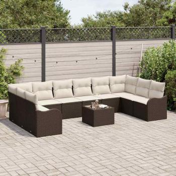10-teiliges Garten Sofa Set mit Kissen Grau Poly Rattan, 2-Sitzer Garten Sofa mit Kissen Braun Poly Rattan