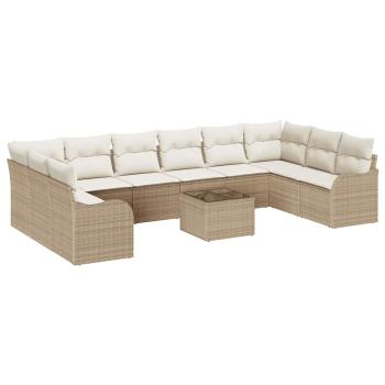 11-teiliges Garten Sofa Set mit Kissen Braun Poly Rattan, 2-Sitzer Garten Sofa mit Kissen Beige Poly Rattan