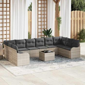 ARDEBO.de - 11-teiliges Garten-Sofa-Set mit Kissen grau Poly-Rattan, 2-Sitzer Garten-Sofa mit Kissen hellgrau Poly-Rattan