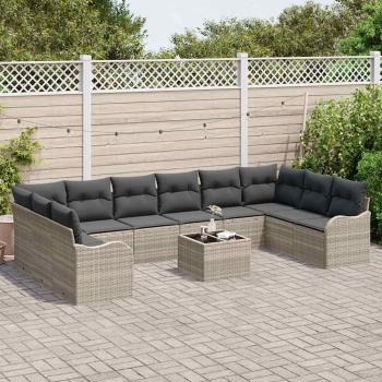 11-teiliges Garten-Sofa-Set mit Kissen grau Poly-Rattan, 2-Sitzer Garten-Sofa mit Kissen hellgrau Poly-Rattan