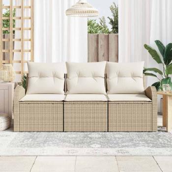 3-teiliges Gartensofa Set mit Kissen Beige Poly Rattan