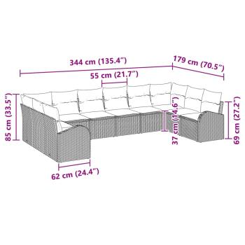 10 Teiliges Garten Sofa Set mit Kissen Schwarz Poly Rattan