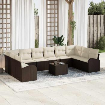 ARDEBO.de - 10-teiliges Garten-Sofa-Set mit cremefarbenen Kissen aus grauem Poly-Rattan