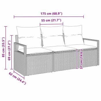 3-teiliges Garten-Sofaset mit Kissen Braun Poly Rattan, 2-Sitzer Garten-Sofa mit Kissen Braun Poly Rattan