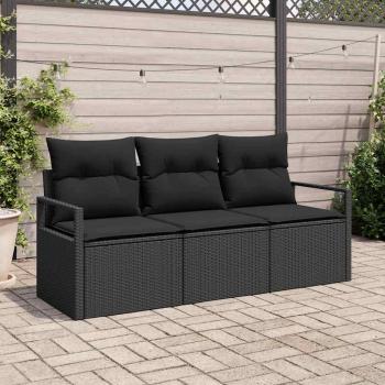 ARDEBO.de - 3-teilige Garten-Sofa-Set mit Kissen Schwarz Poly Rattan, 2-Sitzer Garten Sofa mit Kissen Schwarz Poly Rattan