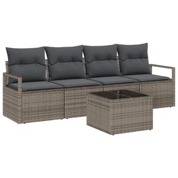 5-teilige Garten-Sofa-Set mit Kissen grau Poly-Rattan, 2-Sitzer Garten-Sofa mit Kissen grau Poly-Rattan