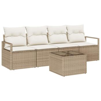 5-teiliges Garten Sofa Set mit Kissen Beige Poly Rattan, 2-Sitzer Garten Sofa mit Kissen Beige Poly Rattan