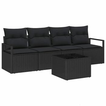 5-teiliges Garten Sofa Set mit Kissen Schwarz Poly Rattan, 2-Sitzer Garten Sofa mit Kissen Schwarz Poly Rattan