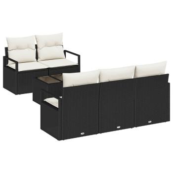 6-teiliges Garten-Sofa-Set mit Kissen Schwarz Rattan, 2-Sitzer Garten-Sofa mit Kissen Schwarz Rattan