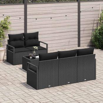 6-teiliges Garten-Sofa-Set mit Kissen Schwarz Poly Rattan, 2-Sitzer Garten-Sofa mit Kissen Schwarz Poly Rattan
