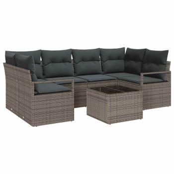 7-teiliges Garten-Sofa-Set mit Kissen aus grauem Poly-Rattan, 2-Sitzer Garten-Sofa mit Kissen aus grauem Poly-Rattan