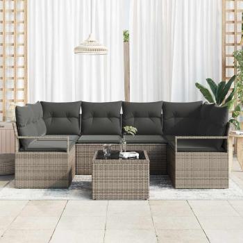 7-teiliges Garten-Sofa-Set mit Kissen aus grauem Poly-Rattan, 2-Sitzer Garten-Sofa mit Kissen aus grauem Poly-Rattan