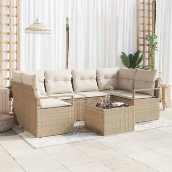 ARDEBO.de - 7-teiliges Garten Sofa Set mit Kissen Beige Poly Rattan, 2-Sitzer Garten Sofa mit Kissen Beige Poly Rattan