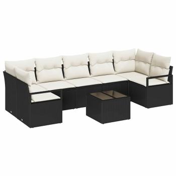 8-teiliges Garten Sofa Set mit Kissen Schwarz Poly Rattan, 2-Sitzer Garten Sofa mit Kissen Schwarz Poly Rattan