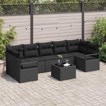 ARDEBO.de - 8-teiliges Garten Sofa Set mit Kissen Schwarz Poly Rattan, 2-Sitzer Garten Sofa mit Kissen Schwarz Poly Rattan
