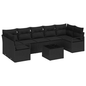 8-teiliges Garten Sofa Set mit Kissen Schwarz Poly Rattan, 2-Sitzer Garten Sofa mit Kissen Schwarz Poly Rattan