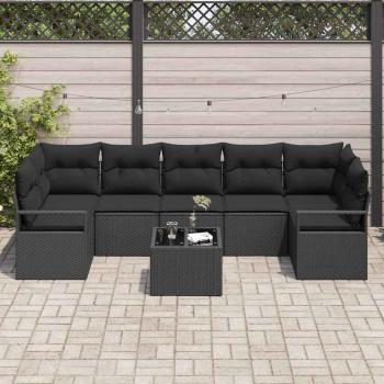 8-teiliges Garten Sofa Set mit Kissen Schwarz Poly Rattan, 2-Sitzer Garten Sofa mit Kissen Schwarz Poly Rattan