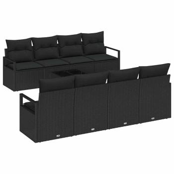 9-teiliges Garten Sofa Set mit Kissen Schwarz Poly Rattan, 2-Sitzer Garten Sofa mit Kissen Schwarz Poly Rattan