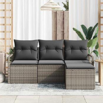 4-teiliges Garten Sofa Set mit Kissen Grau Poly Rattan, 2-Sitzer Garten Sofa mit Kissen Grau Poly Rattan