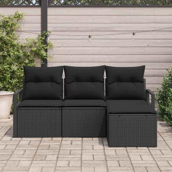 4-teiliges Garten Sofa Set mit Kissen Schwarz Poly Rattan, 2-Sitzer Garten Sofa mit Kissen Schwarz Poly Rattan