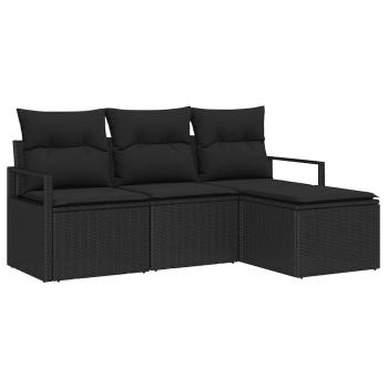 4-teiliges Garten Sofa Set mit Kissen Schwarz Poly Rattan, 2-Sitzer Garten Sofa mit Kissen Schwarz Poly Rattan