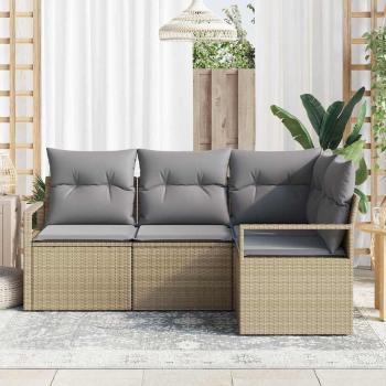 4-teiliges Garten-Sofa-Set mit Kissen Beige Poly-Rattan,  2-Sitzer Garten-Sofa mit Kissen Beige Poly-Rattan