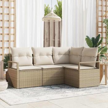 ARDEBO.de - 4-teiliges Garten Sofa Set mit Kissen Beige Poly Rattan, 2-Sitzer Garten Sofa mit Kissen Beige Poly Rattan