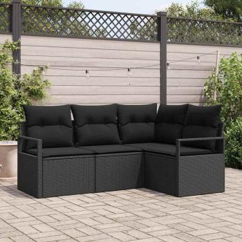 ARDEBO.de - 4-teiliges Garten-Sofa-Set mit Kissen Schwarz Poly-Rattan, 2-Sitzer Garten-Sofa mit Kissen Schwarz Poly-Rattan