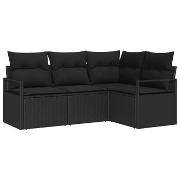 4-teiliges Garten-Sofa-Set mit Kissen Schwarz Poly-Rattan, 2-Sitzer Garten-Sofa mit Kissen Schwarz Poly-Rattan